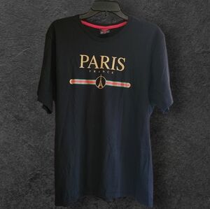 Paris Black Short Sleeve Tee with Gold PARIS Logo and Red/Green Stripe